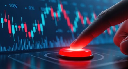 Finger pressing a glowing red button with financial candlestick chart background
