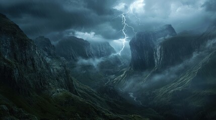 Stormy Mountain Valley: A Dramatic Landscape Under a Lightning-Charged Sky