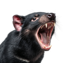 A close-up of a Tasmanian devil snarling with its mouth open, revealing sharp teeth. Its intense expression creates a fierce and aggressive aura. Isolated Transparent Background, PNG