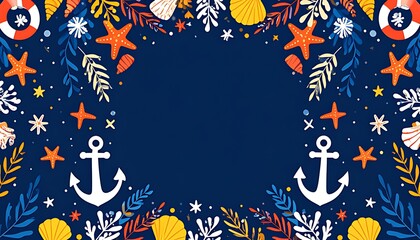 Nautical themed background with anchors, starfish, and seashells for summer.