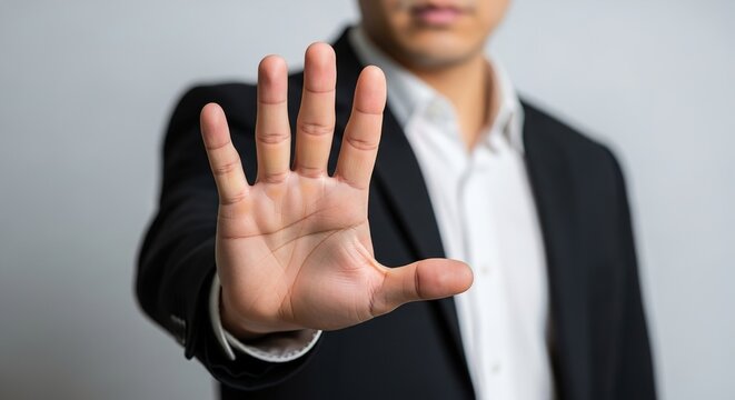 A man in a business suit holds up his hand with palm facing forward in a stop or halt gesture, indicating refusal or prohibition.