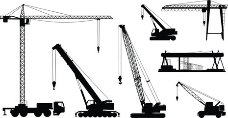 Cartoon construction crane silhouette icon set with tower, mobile, crawler, gantry, floating, and truck-mounted crane types. © MD KHAIRUL