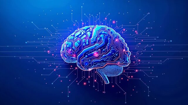 Digital brain pulsing with neural activity on a blue background, representing ai and machine learning