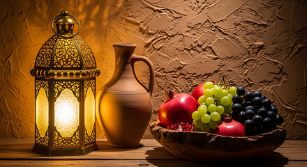 Rustic still life with lantern and fresh fruits