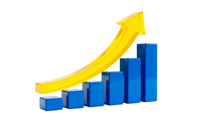 Visual representation of growth a yellow arrow over ascending blue bars