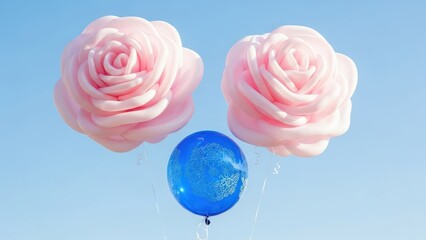 Romantic Pink Floral Balloons and Blue Sphere Floating in Bright Blue Sky