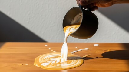 Accidental Coffee Spill on Wood Table Creating Artistic Latte Art Pattern in Sunlight