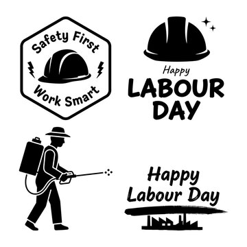 Happy Labour Day typography set with nurse silhouette holding baby and lettering badges