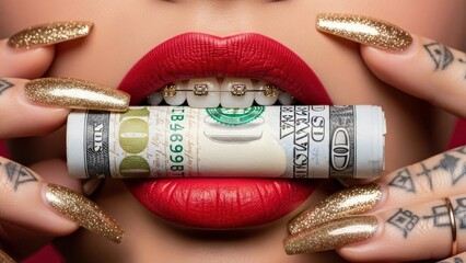 Financial Indulgence Red Lips with Braces Holding a Roll of Currency Adorned with Golden Glitter Nails and Tattoos