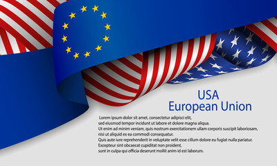USA America and EU Europe Union flags ribbon background, banner, wallpaper for text. Cooperation, negotiation, partnership, membership concept patriotic template