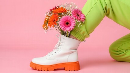 Vibrant Fashion Still Life with Colorful Flowers in White Boot Against Pink Background
