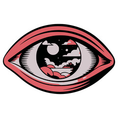 Inner Vision: Captivating illustration that unveils a surreal night sky reflected within a wide-open eye, blending reality with dreamlike imagery. 