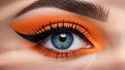 Captivating Blue Eye with Bold Orange Eyeshadow and Dramatic Winged Eyeliner Emphasizing Beauty and Vision