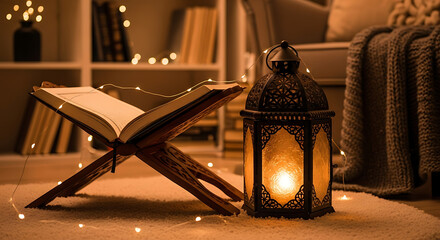 Quran book on wooden stand with fairy lights decoration
