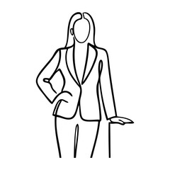Dibujo minimalista con línea continua de una mujer profesional con chaqueta, de pie con una mano apoyada en un mueble y la otra en la cadera  © teracreonte