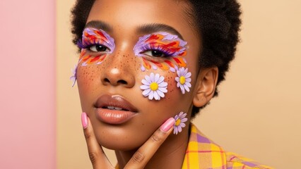 Vibrant Artistic Makeup and Floral Beauty Portrait of a Young Woman