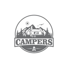 Adventure car, camper van, or recreational vehicle (RV) vector logo template, Isolated.