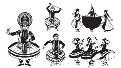 Traditional cultural dance figures in ceremonial costumes illustration collection featuring group performers.