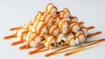 Gourmet Caramel Drizzled Popcorn Pile on White Background for Sweet Snack Indulgence