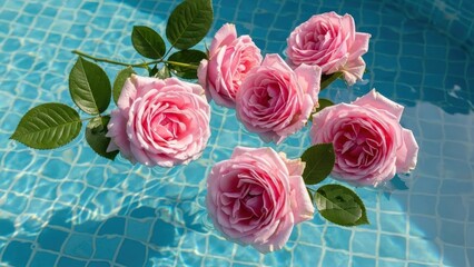Beautiful Pink Roses Gently Floating on Blue Water Surface Evoking Summer Serenity and Spa Relaxation