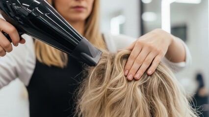 Expert Hair Stylist Drying Client s Blonde Wavy Hair in a Modern Salon Environment