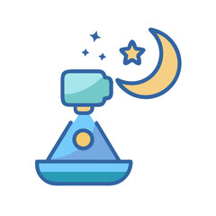 Stylized cartoon lunar lander illustration with crescent moon and stars on black background © Sharuzzaman