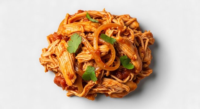 Delicious mexican chicken tinga with onions and cilantro on a white background