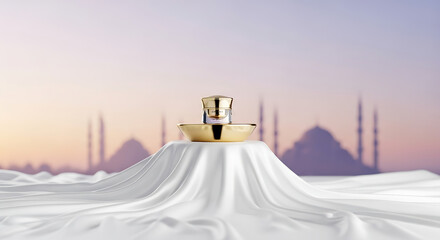 Cosmetic cream product display on white silk with mosque background