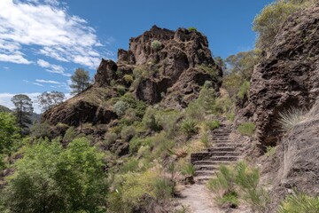 Ancient Carved Stairway Into Hillside Under Bright Daylight in Natural Landscape
