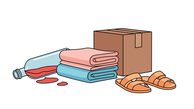Collection of miscellaneous household items including a cardboard box, folded towels, sandals, and a spilled bottle of wine.