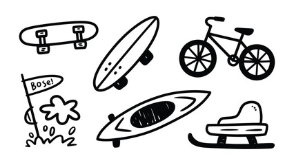 Outdoor Recreation Items: An artistic collection of outdoor recreation equipment illustrations, ready for a day of adventure. © abidakhatun