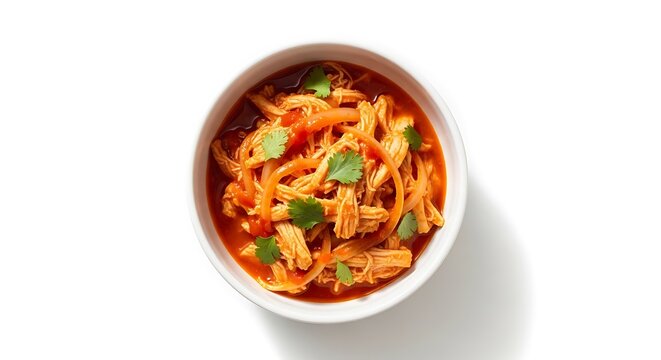 Delicious mexican chicken tinga dish in a white bowl garnished with fresh cilantro on a clean white background