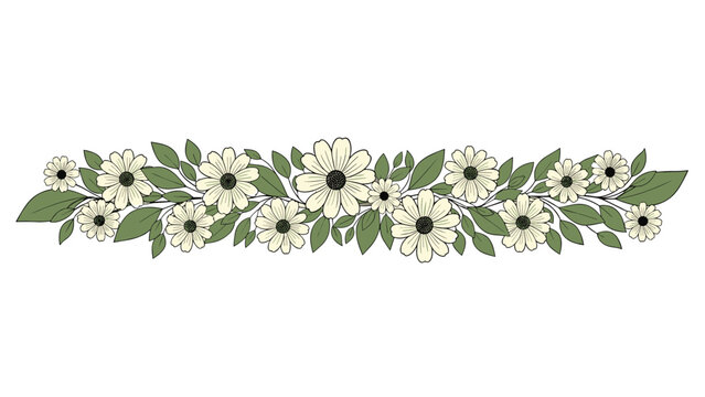 Decorative floral border or divider made of hand-drawn daisy-like flowers and green leaves arranged in a horizontal line.
