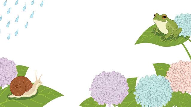 Charming rainy season frame illustration with a snail and a tree frog on hydrangea leaves, with rain in the background.