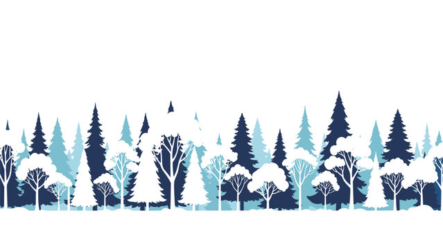 Seamless horizontal border of a winter forest landscape with silhouettes of pine and deciduous trees in shades of blue.