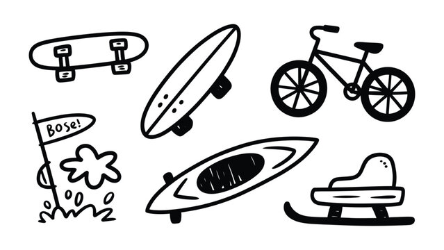 Outdoor Recreation Items: An artistic collection of outdoor recreation equipment illustrations, ready for a day of adventure.