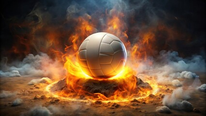 Fototapeta premium Fiery Inferno A Volleyball Emerges from a Volcanic Eruption of Flame and Smoke