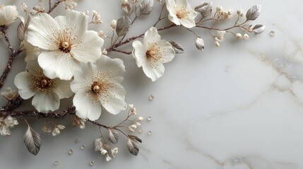 Elegant white floral branch with golden centers, silver leaves, and pearls on marble