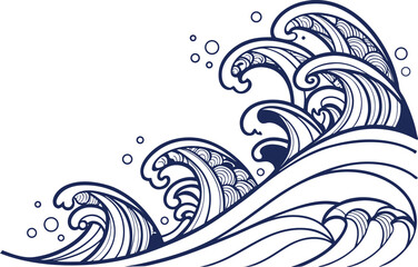 Fototapeta premium Traditional japanese wave design illustration with dark blue outlines and bubbles