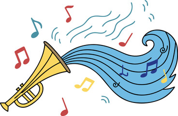 Trumpet with blue music waves and colorful musical notes on transparent backdrop © Md