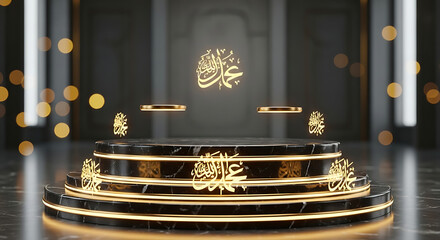 Three tier black marble podium with golden islamic calligraphy
