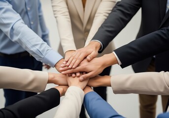 Fototapeta premium Diverse group of business people stacking hands together in sign of partnership and teamwork