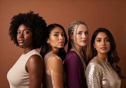 Diverse group of four women with different ethnicities and skin types standing together in a studio