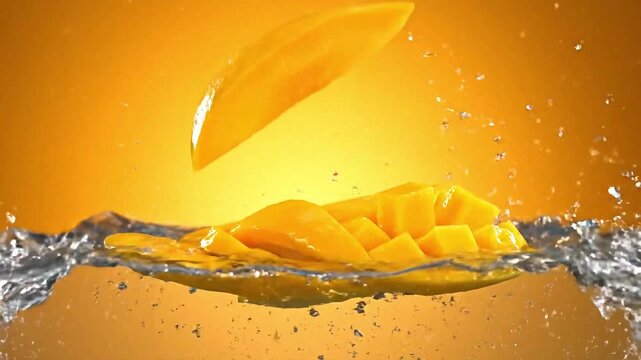 Fresh mango cubes plunging into clear water with air bubbles on a vibrant yellow background.
