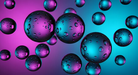 Shiny spheres float against vibrant gradient background with reflective water droplets