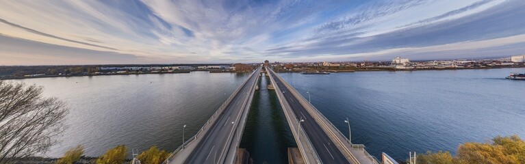 Symmetric aerial panorama of Rhine bridge Worms city