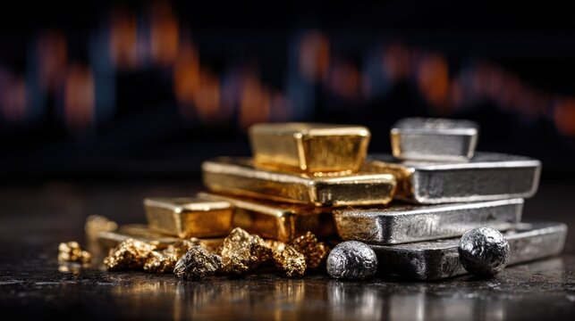 Gleaming stacks of gold and silver ingots with raw nuggets, market chart background