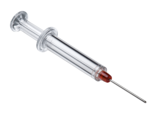 Close-up shot of a transparent syringe filled with a red liquid, medical healthcare concept. It symbolizes medical treatment and vaccination. Isolated Transparent Background, PNG
