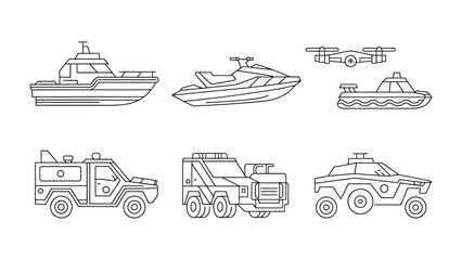 Vehicle Variety in Black and White: A collection of various vehicles, including a boat, jet ski, drone, armored vehicle, tow truck, and all-terrain vehicle, is presented in a monochromatic style. © abidakhatun