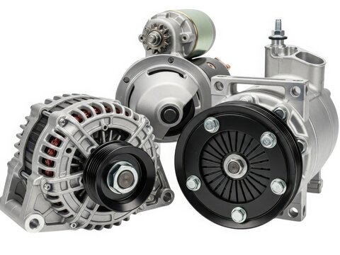 Collection of car alternators and starter motors